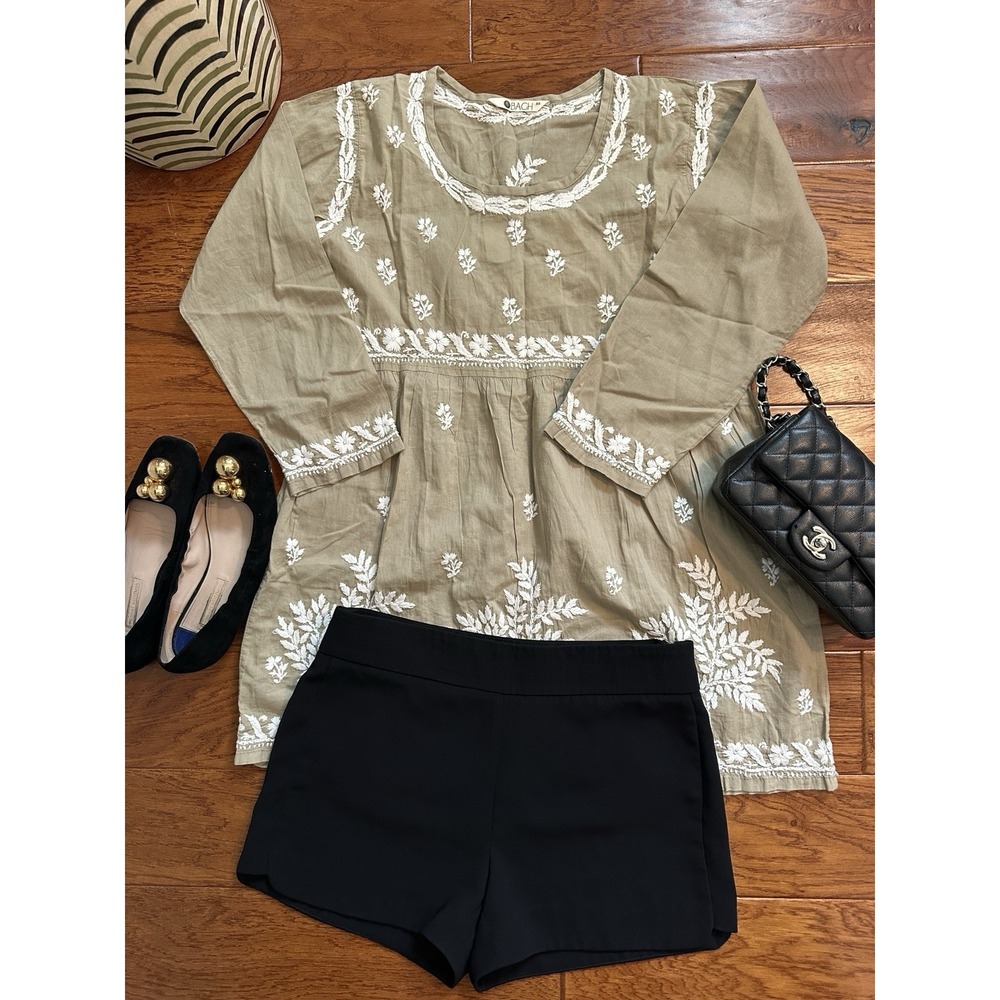 BACH Womens XS Khaki Green Hand Embroidered Floral Cotton Tunic Top Kurti Boho